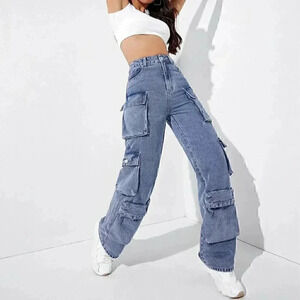 Casual High Waisted Flap Pocket Cargo Jeans Blue